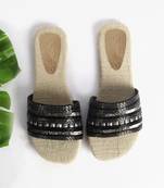 Black Metal and Sequin Sliders with Jute InSole