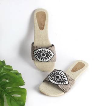 Light Grey Beaded Evil Eye Flat with cr?me and Black thread work with Jute Insole 1