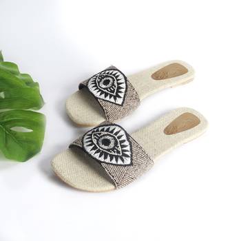 Light Grey Beaded Evil Eye Flat with cr?me and Black thread work with Jute Insole 2