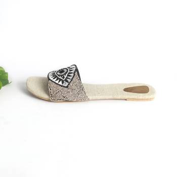 Light Grey Beaded Evil Eye Flat with cr?me and Black thread work with Jute Insole 3