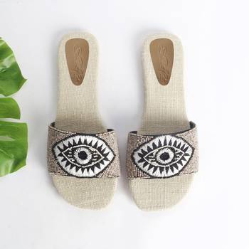 Light Grey Beaded Evil Eye Flat with cr?me and Black thread work with Jute Insole 4