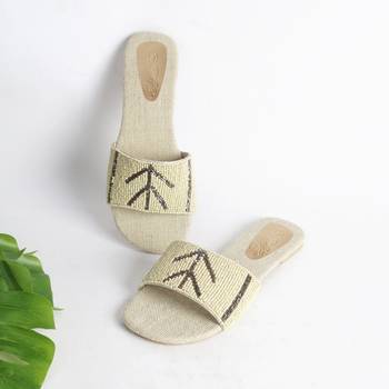 Cream and Gold Bead Sliders with Jute Insole 1