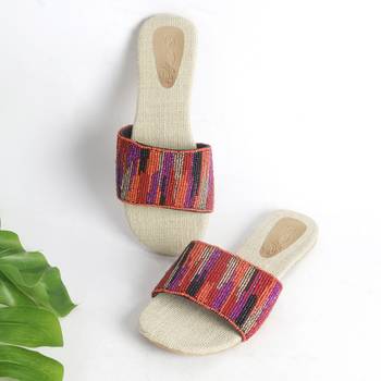 Pink , Orange , Gold and Black Hand Bead Embroidery Slider with Jute Insole 1