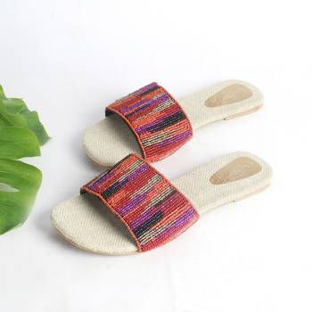 Pink , Orange , Gold and Black Hand Bead Embroidery Slider with Jute Insole 3