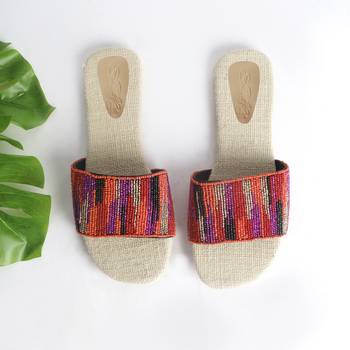Pink , Orange , Gold and Black Hand Bead Embroidery Slider with Jute Insole 4