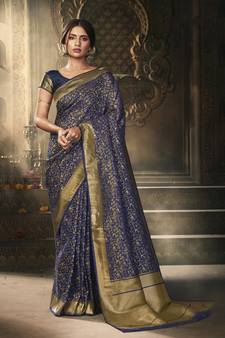 Navy blue woven art silk saree with blouse