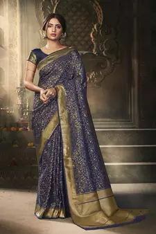 Navy blue woven art silk saree with blouse