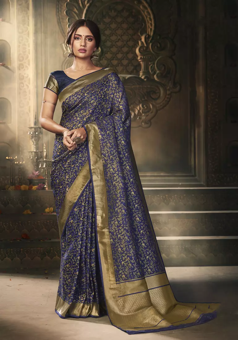 Navy blue woven art silk saree with blouse