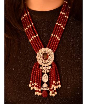 Stunning Indo Western Red Necklace with a gorgeous Silver Brooch 4