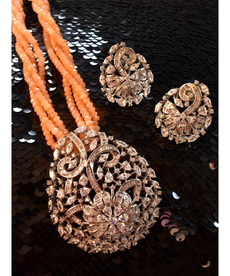 Sophisticated Silver AD Pendant Set in Orange Beaded Necklace