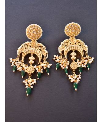 Gorgeous Golden Kundan Danglers with Green Beads 1