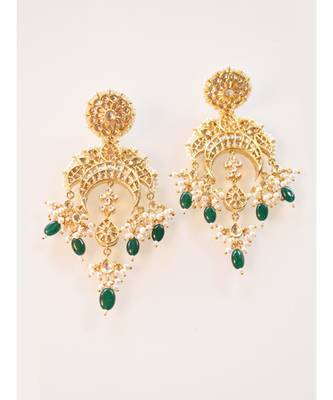 Gorgeous Golden Kundan Danglers with Green Beads 2