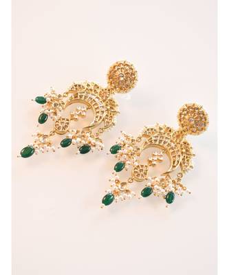 Gorgeous Golden Kundan Danglers with Green Beads 3