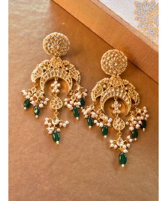 Gorgeous Golden Kundan Danglers with Green Beads 4