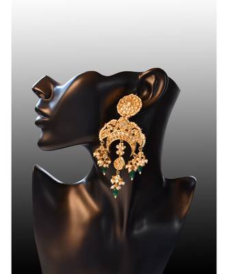 Gorgeous Golden Kundan Danglers with Green Beads 5
