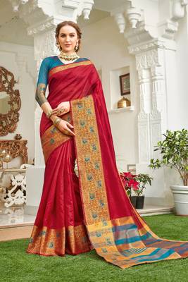 Maroon embroidered silk saree with blouse 1