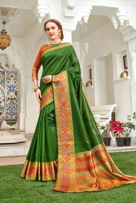 Green embroidered silk saree with blouse 1