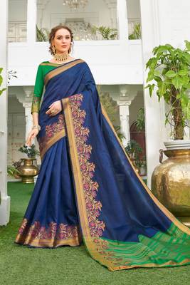 Blue embroidered silk saree with blouse 1