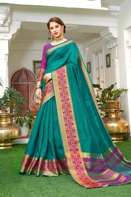 Turquoise embroidered silk saree with blouse 1