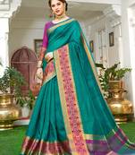 Turquoise embroidered silk saree with blouse