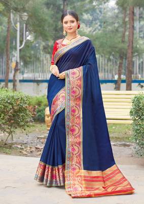 Navy blue embroidered silk saree with blouse 1