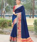 Navy blue embroidered silk saree with blouse