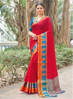 Red embroidered silk saree with blouse 1