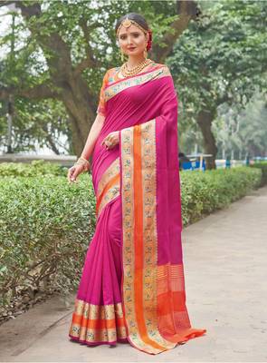 Magenta embroidered silk saree with blouse 1