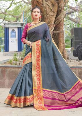 Grey embroidered silk saree with blouse 1