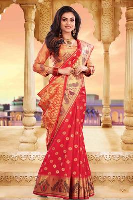 Red embroidered silk saree with blouse 1