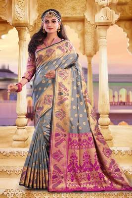 Grey embroidered silk saree with blouse 1