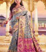 Grey embroidered silk saree with blouse