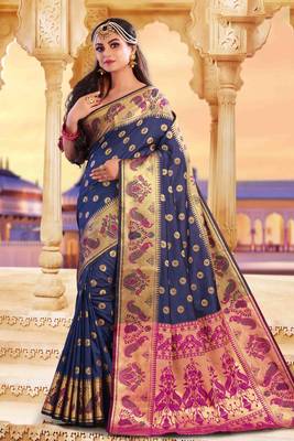 Navy blue embroidered silk saree with blouse 1