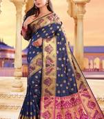 Navy blue embroidered silk saree with blouse