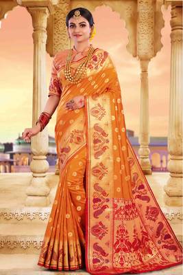 Mustard embroidered silk saree with blouse 1