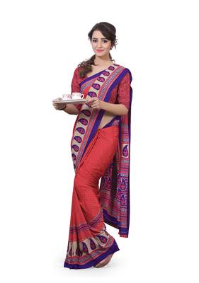 Peach printed crepe saree with blouse 1