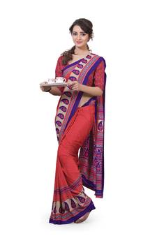 Peach printed crepe saree with blouse