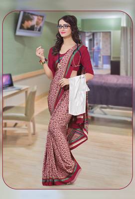 Maroon printed crepe saree with blouse 1