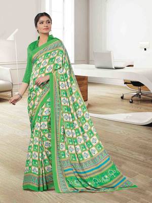 Green printed crepe saree with blouse 1