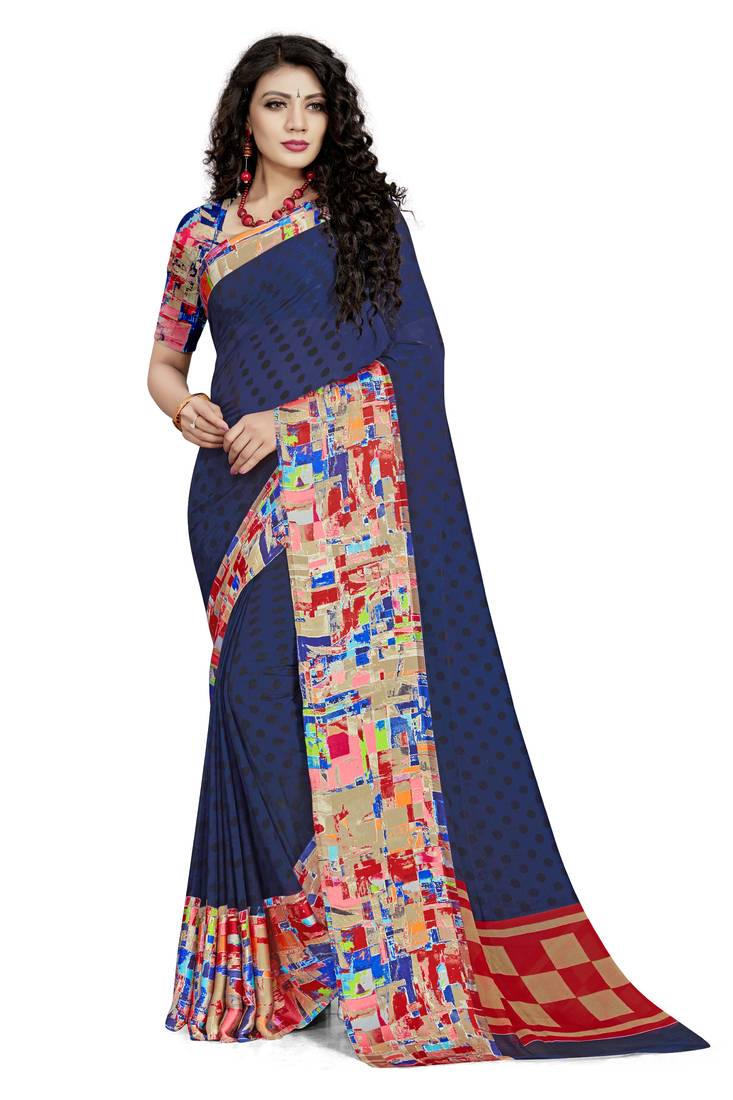 Navy blue woven georgette saree with blouse