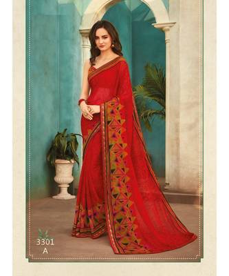 Red printed Chiffon saree with blouse 1