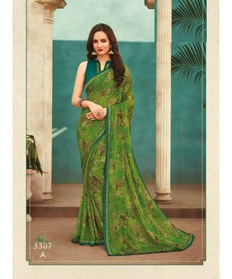 Green printed Chiffon saree with blouse 1