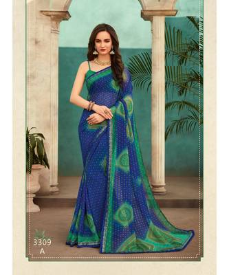 Blue printed Chiffon saree with blouse 1