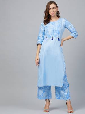 Sky-blue printed art silk kurtas-and-kurtis 1