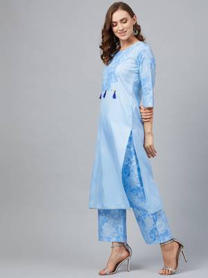 Sky-blue printed art silk kurtas-and-kurtis 3