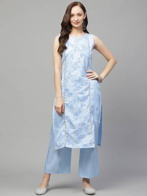 Sky-blue printed art silk kurtas-and-kurtis 1