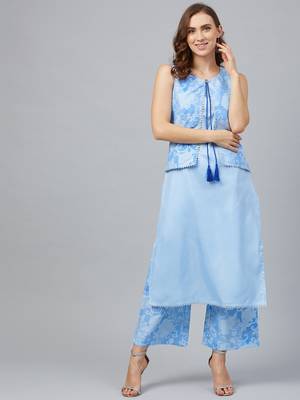 Sky-blue printed art silk kurtas-and-kurtis 1