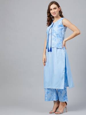 Sky-blue printed art silk kurtas-and-kurtis 3