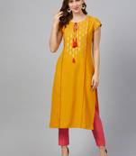 Mustard printed rayon kurtas-and-kurtis