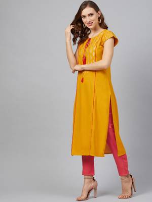 Mustard printed rayon kurtas-and-kurtis 3